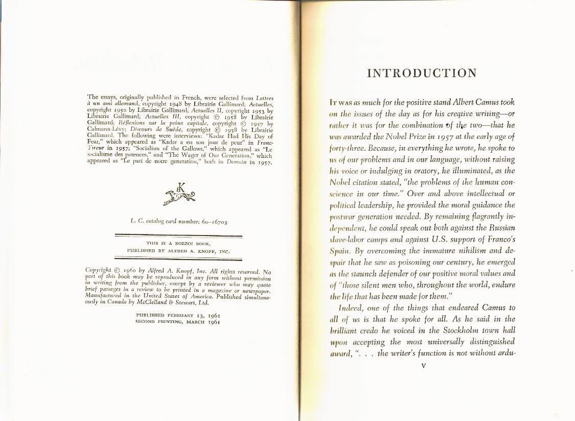 1961 ALBERT CAMUS ON RESISTANCE REBELLION DEATH SPAIN HUNGARY ALGERIA GUILLOTINE