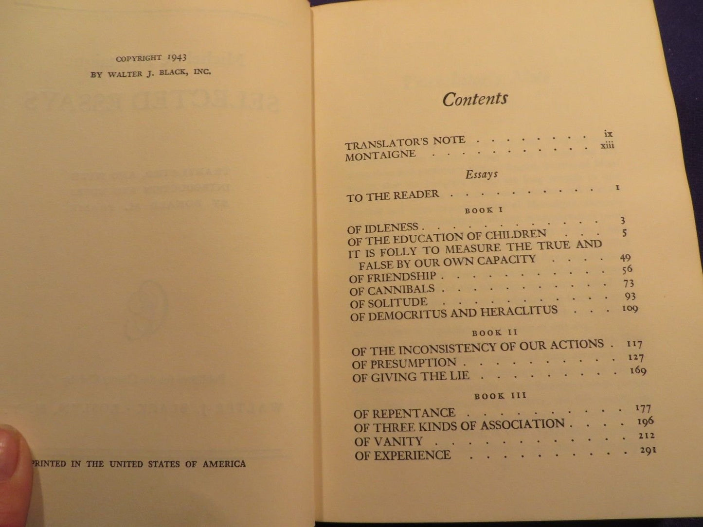 1943 SELECTED ESSAYS by MICHEL DE MONTAIGNE Hardcover by The Classics Club