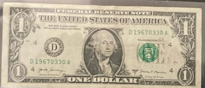 One of a kind gift. Birthday Dollar Bill, Serial Number, March 30, 1967 (19670330). Unique Banknote. Celebrate a Birthday or Anniversary.