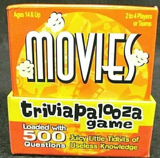 Movies Triviapalooza Game Exclusive 500 Questions. Contains: A Game Board, 4 Pawns, A Die, 500 Questions, Rules. Factory sealed.
