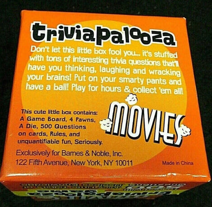 Movies Triviapalooza Game Exclusive 500 Questions. Contains: A Game Board, 4 Pawns, A Die, 500 Questions, Rules. Factory sealed.