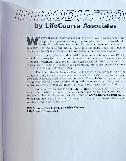Recruiting Millennials Handbook - Issued to every U.S. Army Recruiter in 2001