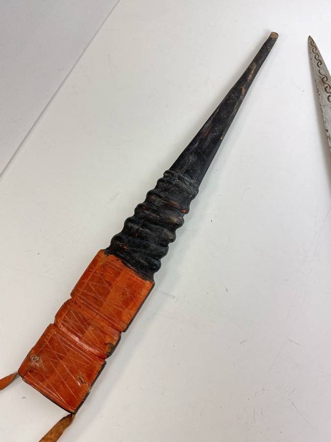 Vintage African Tribal Dual Edged Short Sword with Sheath. Blade is 11.5"