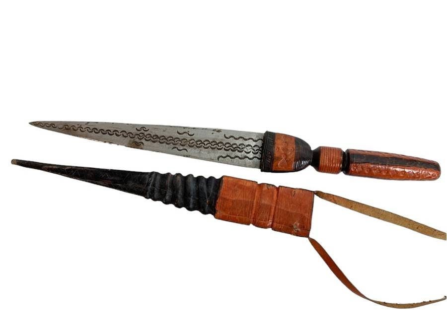Vintage African Tribal Dual Edged Short Sword with Sheath. Blade is 11.5"