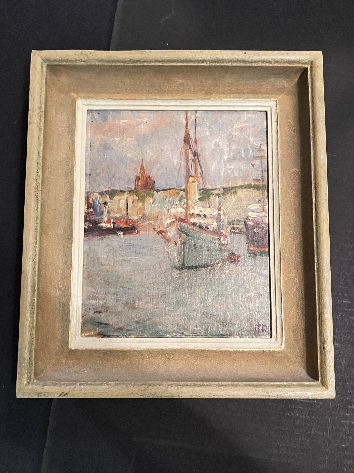 Rare Original Antique Oil Painting by Richard Heyworth (1862 - 1942) “Dieppe Harbor”, 12.75 x 14.75” Framed