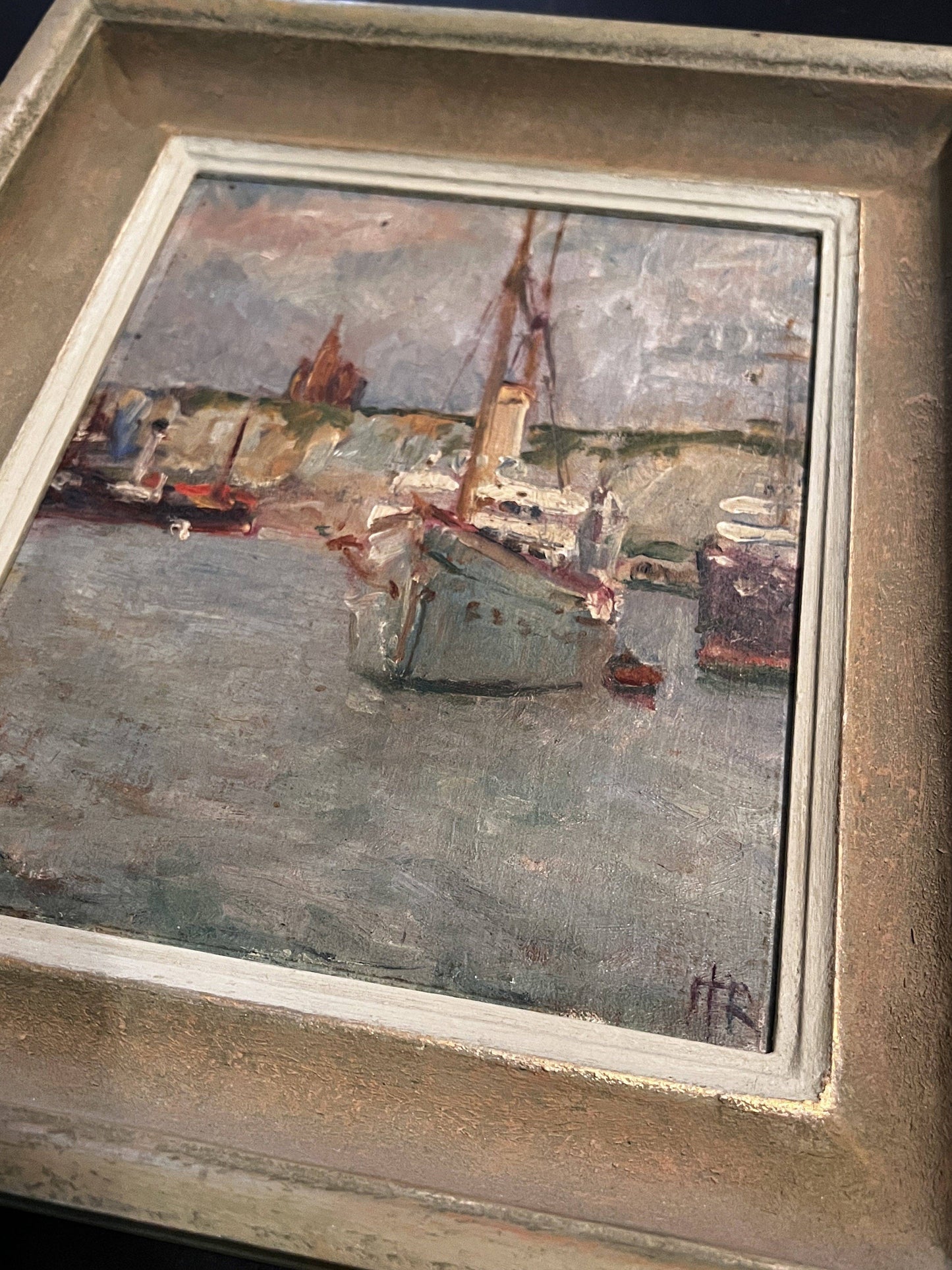 Rare Original Antique Oil Painting by Richard Heyworth (1862 - 1942) “Dieppe Harbor”, 12.75 x 14.75” Framed