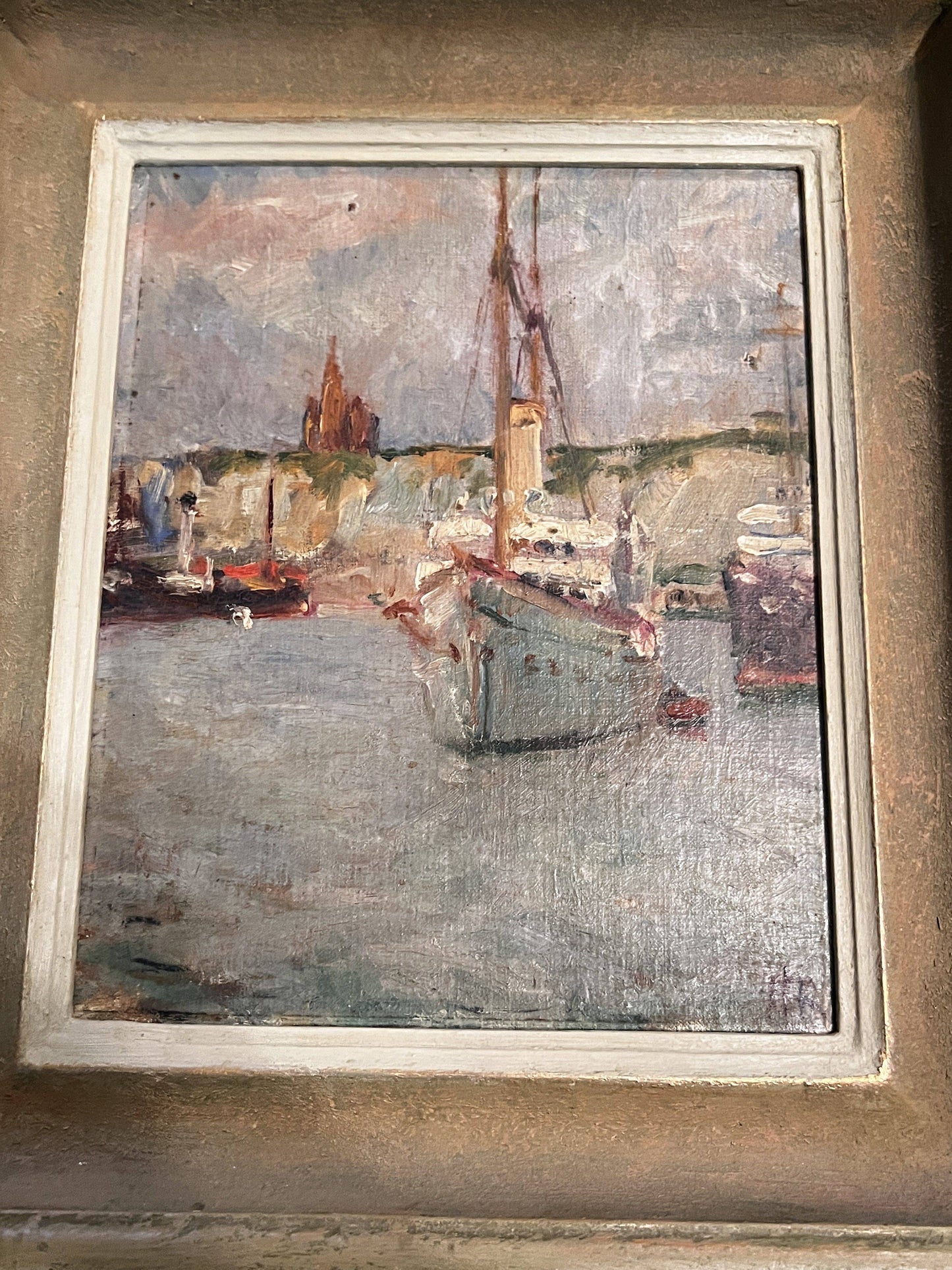 Rare Original Antique Oil Painting by Richard Heyworth (1862 - 1942) “Dieppe Harbor”, 12.75 x 14.75” Framed