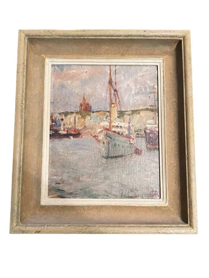 Rare Original Antique Oil Painting by Richard Heyworth (1862 - 1942) “Dieppe Harbor”, 12.75 x 14.75” Framed