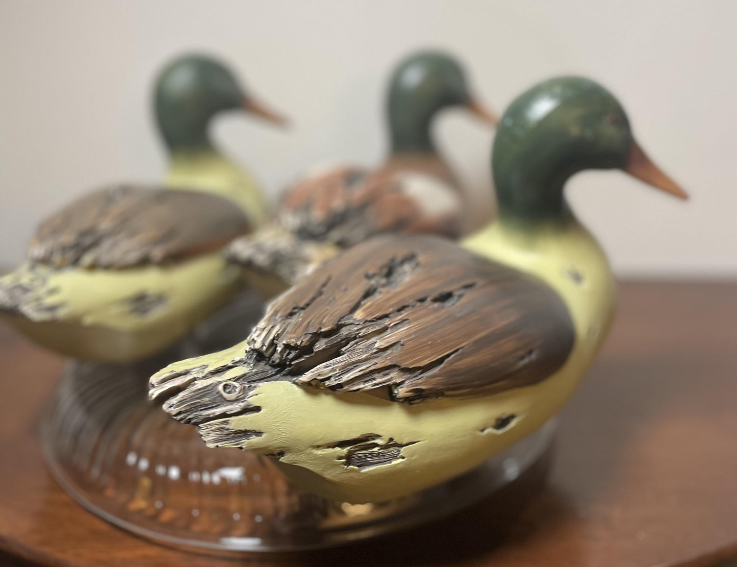 Waddling or Flock of Three Duck Decoys. Hand-Painted.  Life-Like.