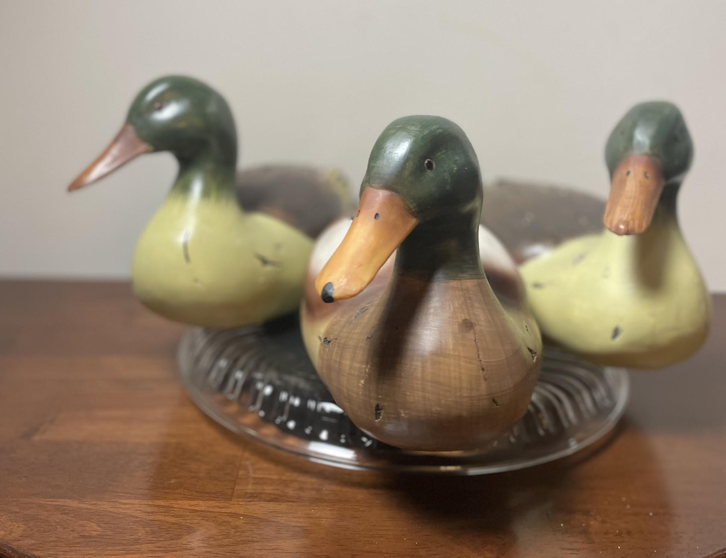 Waddling or Flock of Three Duck Decoys. Hand-Painted.  Life-Like.