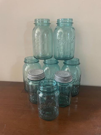 8 Vintage Quart and Pint Blue Ball Jars