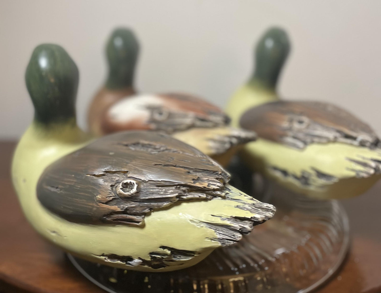 Waddling or Flock of Three Duck Decoys. Hand-Painted.  Life-Like.